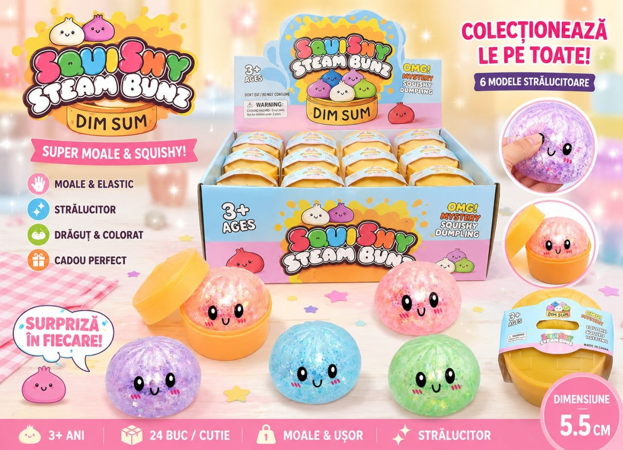 Jucarie Antistres Squishy Dumplings / Galusca, 5.5 cm, Cu Sclipici in Cutie Dim Sum, Surpriza