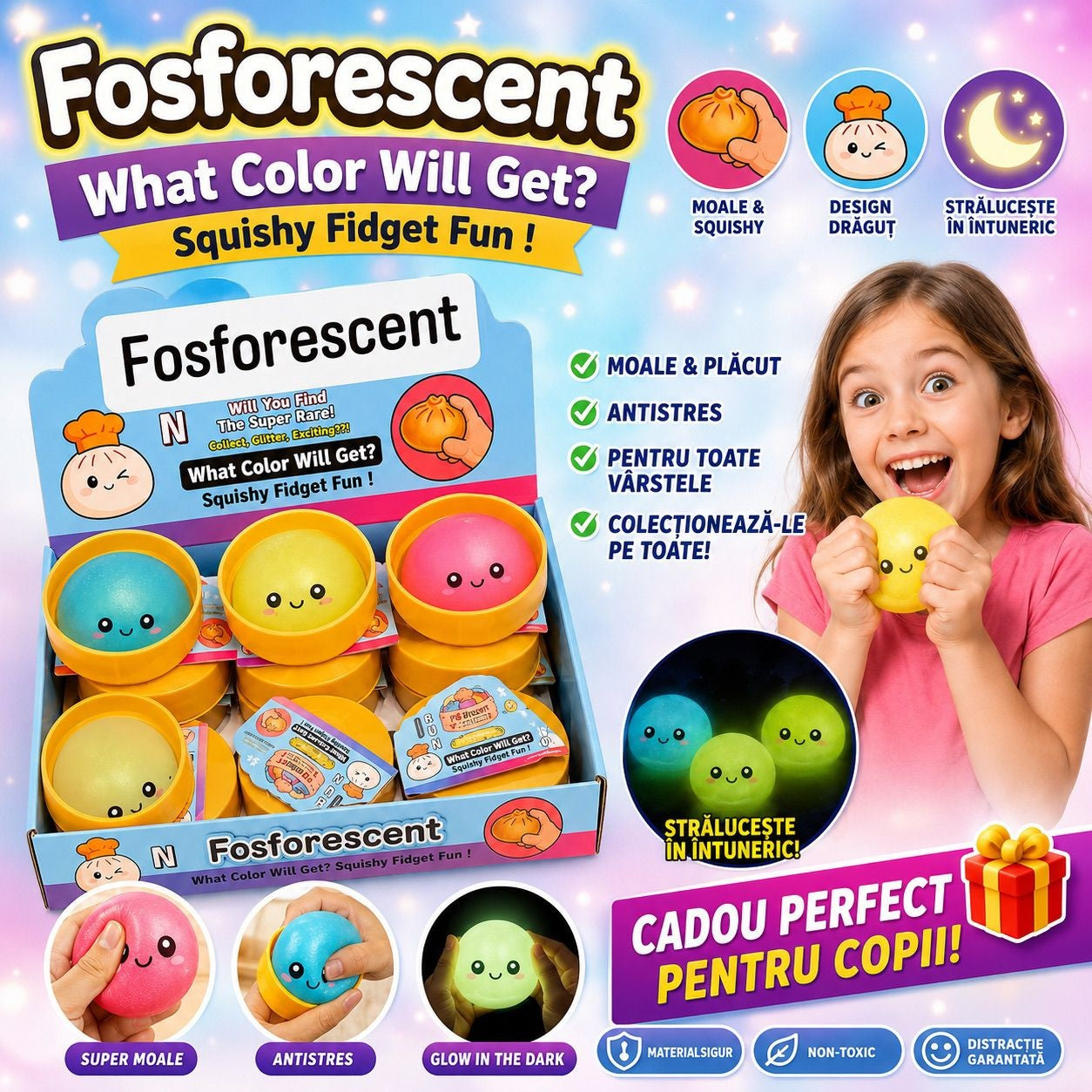 Jucărie Antistres Squishy Fosforescentă cu sclipici si bile din gel , 8.5 cm – Model Aleatoriu, Glow in the Dark