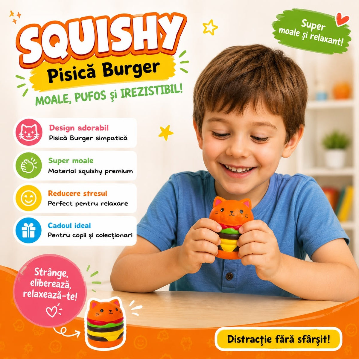 Jucărie Antistres Squishy Hamburger Pisică, Moale și Elastică, Slow Rising, Fidget Toy pentru Copii
