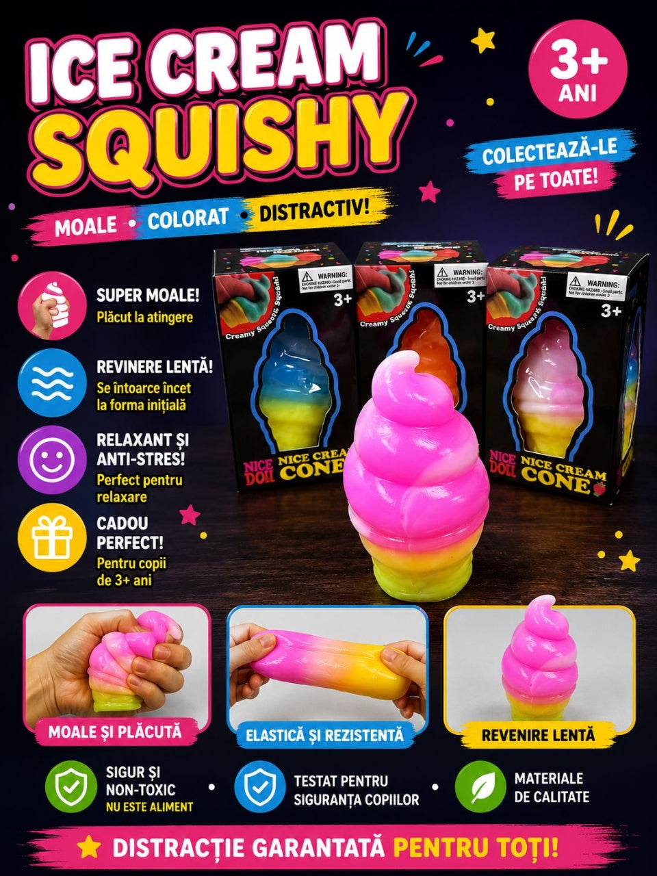 Jucarie antistres Squishy Ice Cream Cone 8cm, model inghetata colorata, culoare aleatorie
