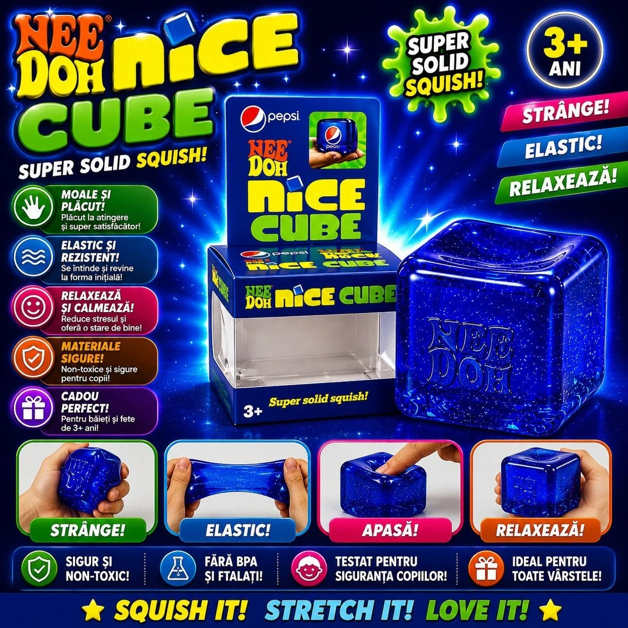 Jucarie antistres Squishy Ice Cube, model cub de gheata albastru
