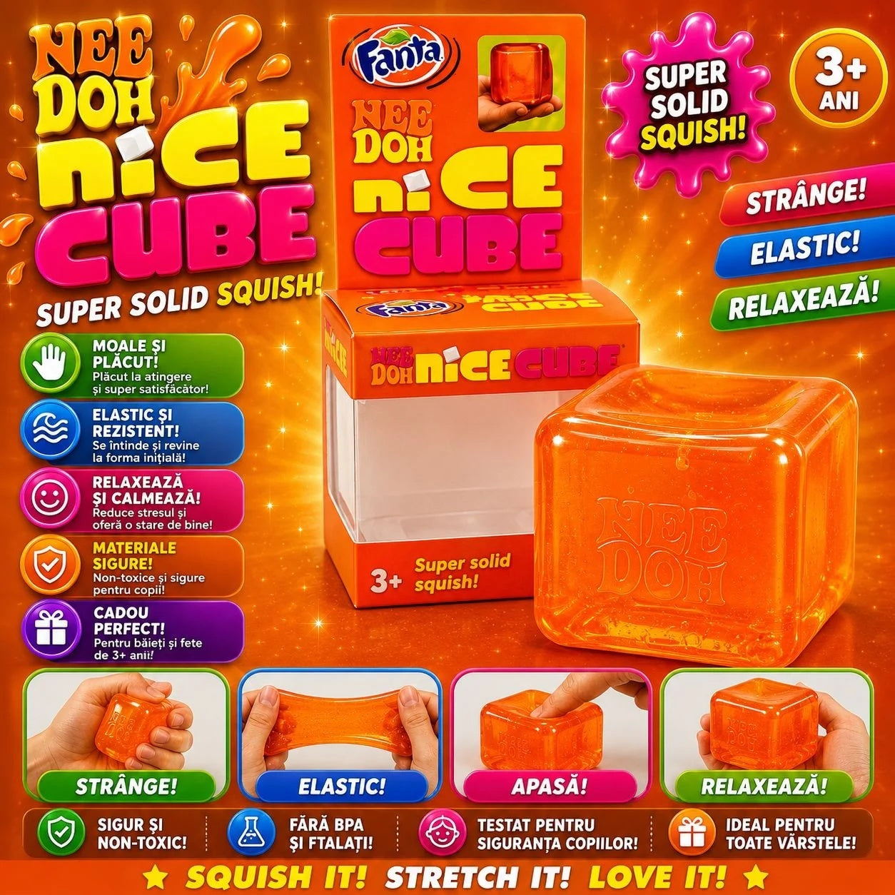 Jucarie antistres Squishy Ice Cube, model cub de gheata portocaliu