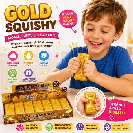 Jucărie Antistres Squishy Lingou de Aur 13 cm, Moale și Elastică, Design Gold Bar, Relaxare și Distracție