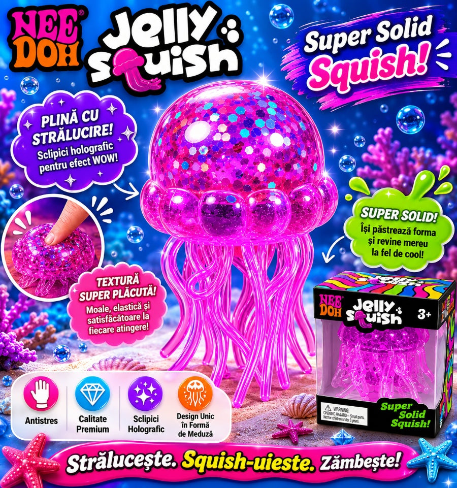 Jucărie Antistres Squishy Meduză Mare cu Sclipici 11cm – Jelly Squishy Elastică, 3+ Ani