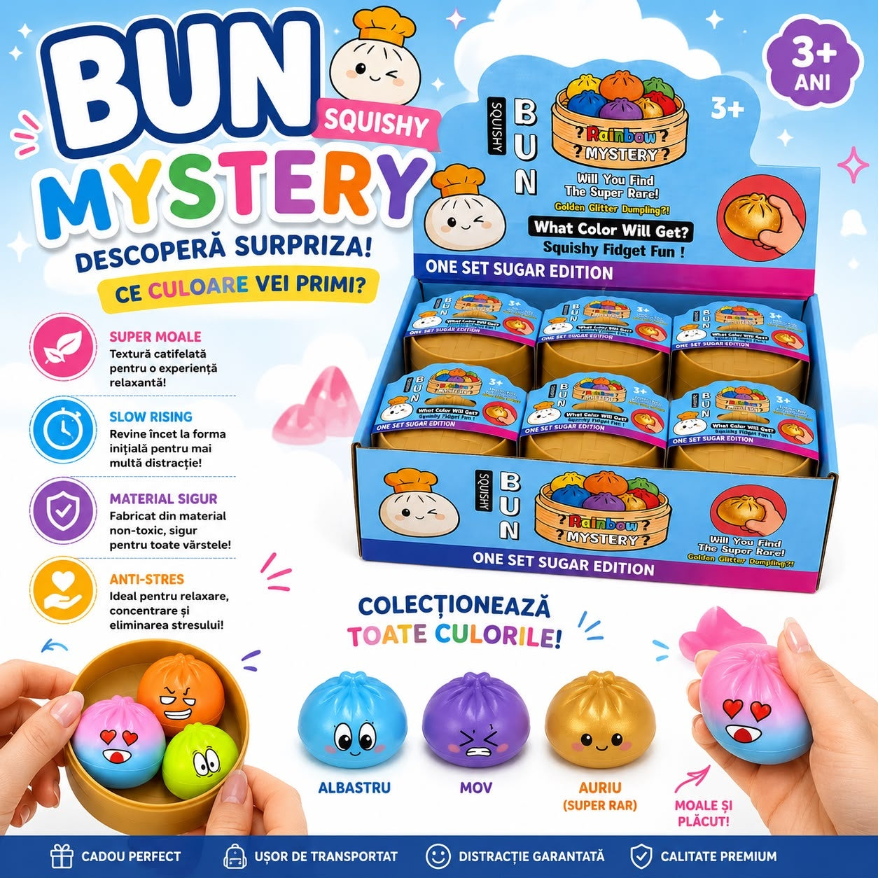 Jucărie Antistres Squishy Mini Dumpling Mystery din spuma – Set 3 Bucăți, Culori Surpriză, Model Aleatoriu