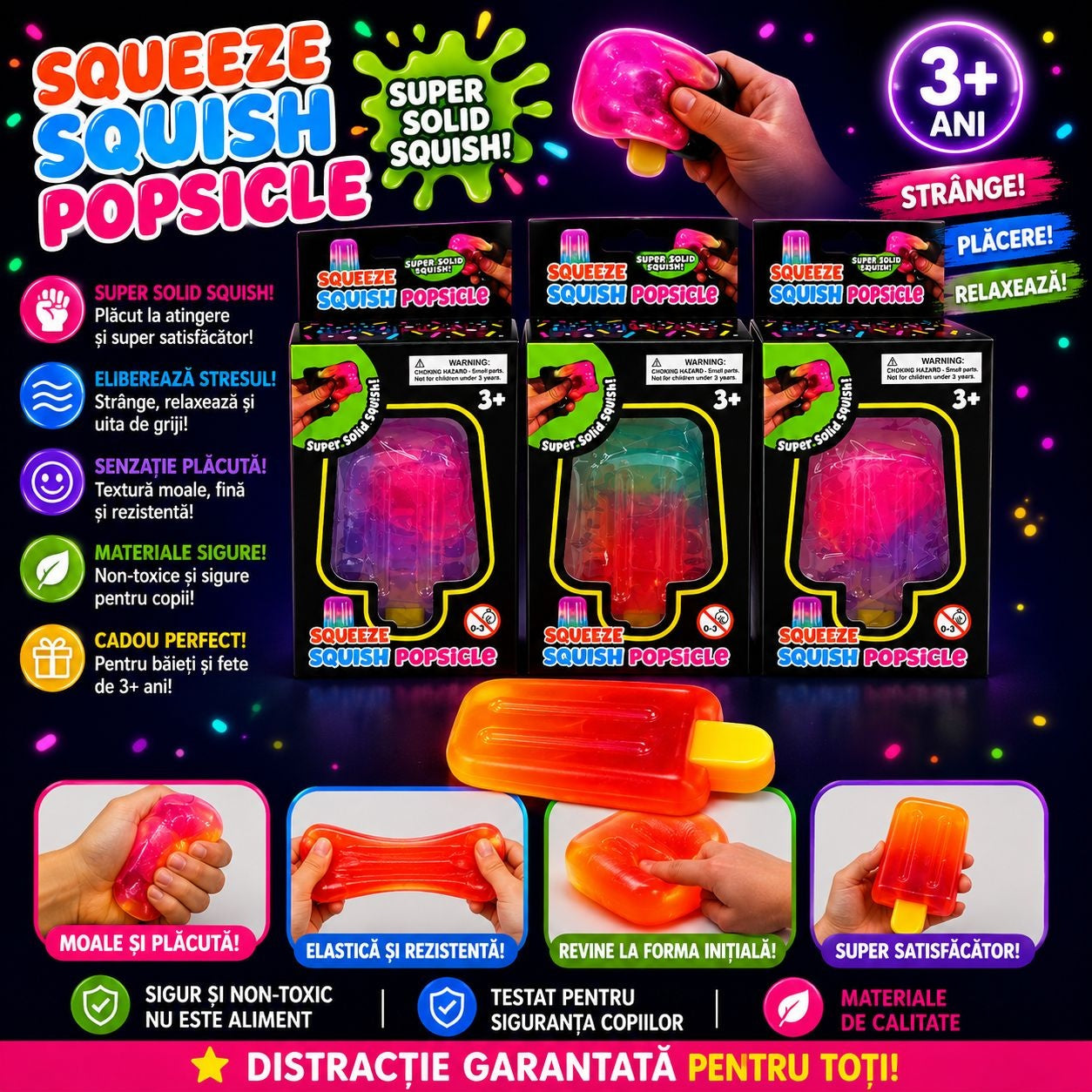 Jucarie antistres Squishy Popsicle, model inghetata pe bat, culoare aleatorie
