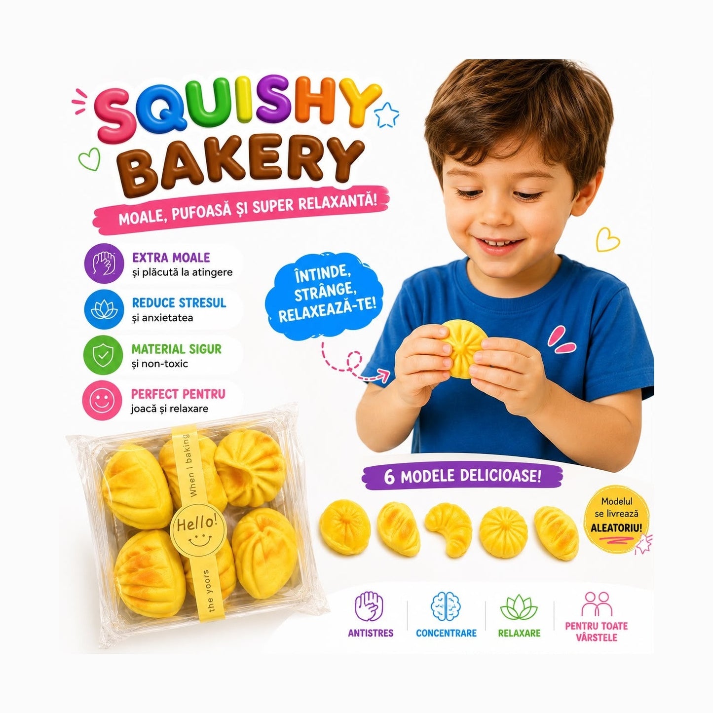 Jucărie Antistres Squishy Prăjitură, Moale și Elastică, 6 Modele, Model Aleatoriu