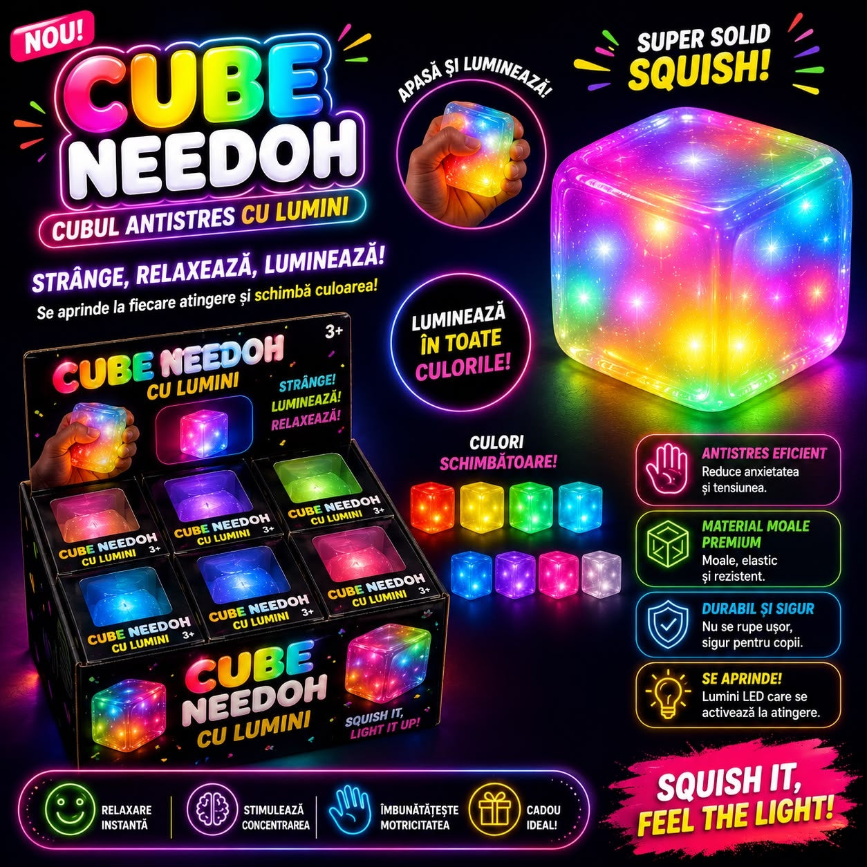 Jucărie Antistres Squishy Tip NeeDoh cu Lumini LED – Cub Senzorial Moale, Elastic, Multicolor