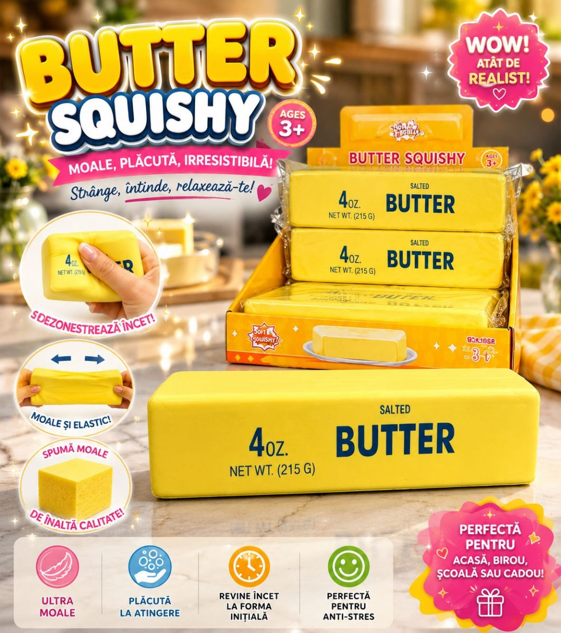 Jucărie Antistres Squishy Unt Gigant 23 cm – Slow Rising, Spumă Moale Premium, Model Realist Butter