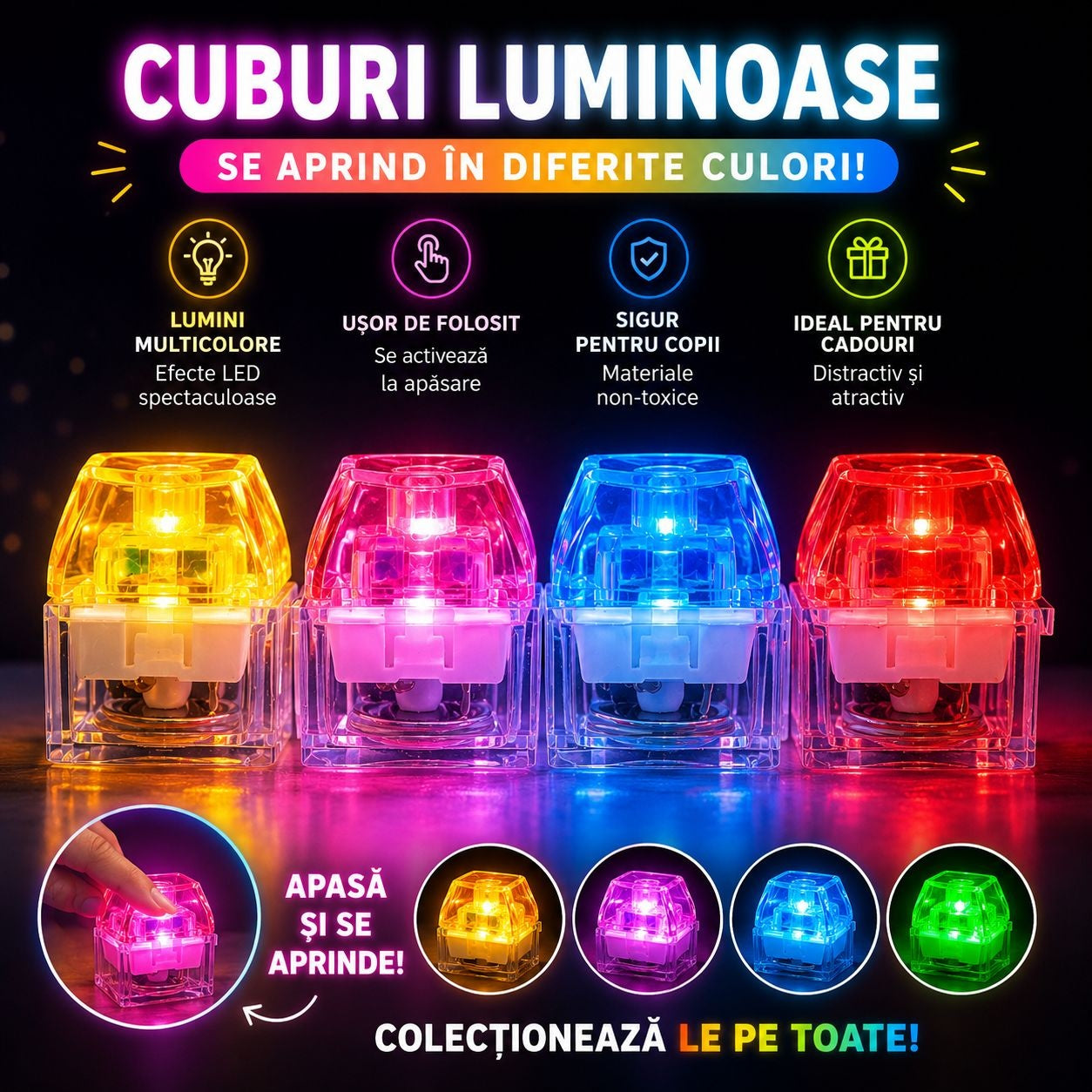 Jucărie Antistres Tastă Mecanică cu LED, 7cm – Fidget Clicker Luminos Multicolor, Buton Tastatură pentru Relaxare