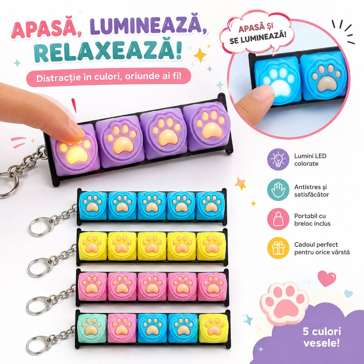 Jucărie Antistres Tastatură Fidget cu Lumini LED și Breloc – Pop It Senzorial Portabil, Model Lăbuță