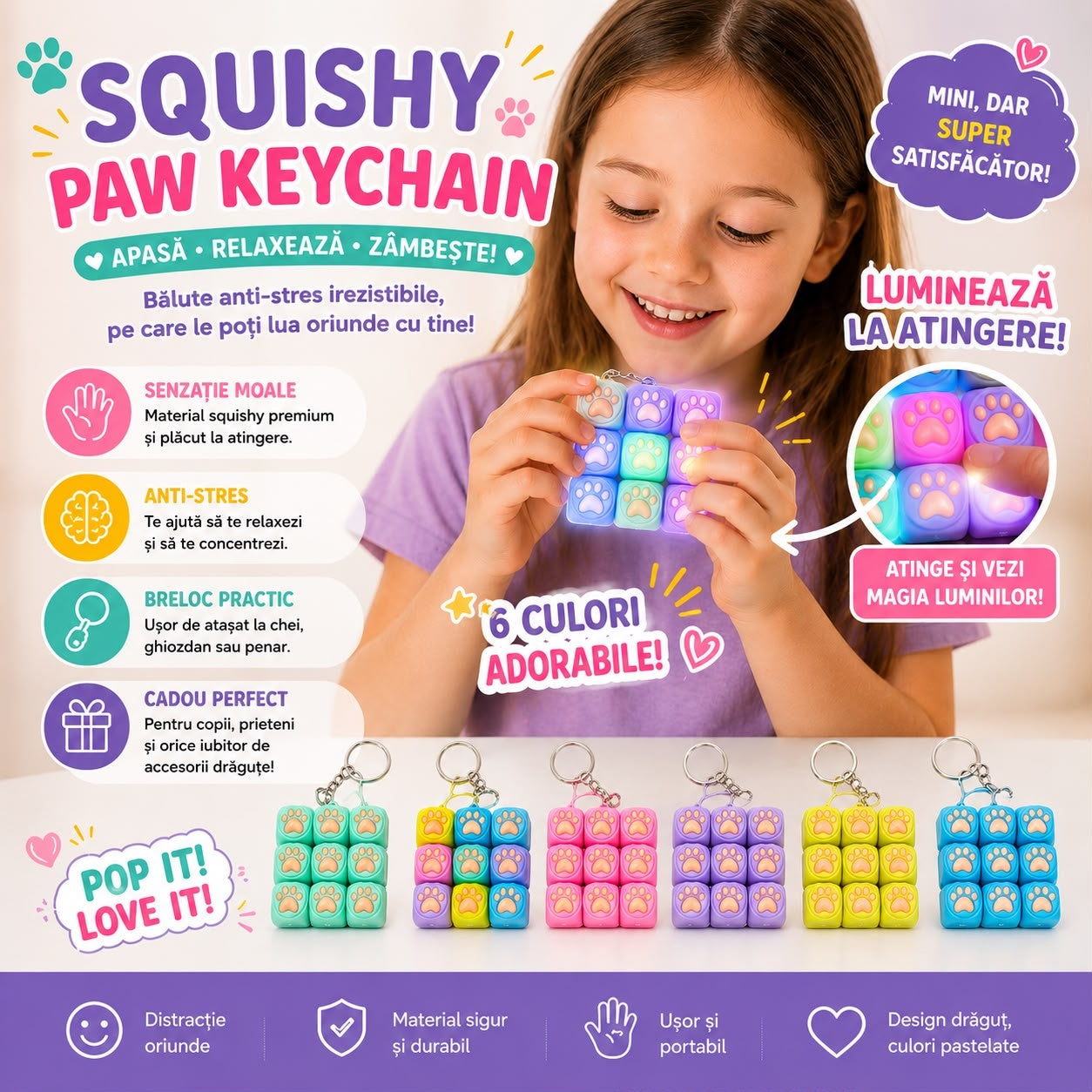 Jucărie Antistres Tastatură Pop It cu Lumini LED și Breloc – Mini Fidget Sensory Toy, Model Lăbuță