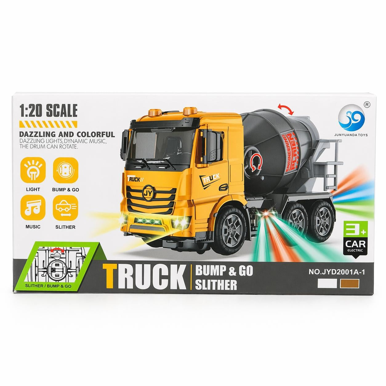 Jucarie camion interactiv galben cu lumini si muzica, functie bump and go, 22 cm