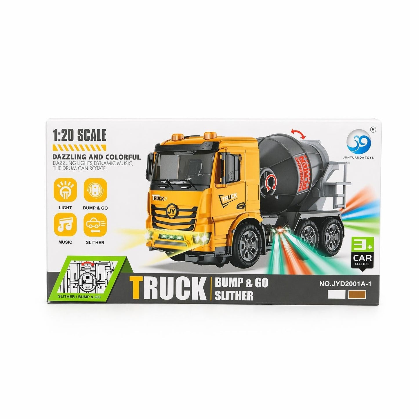 Jucarie camion interactiv galben cu lumini si muzica, functie bump and go, 22 cm