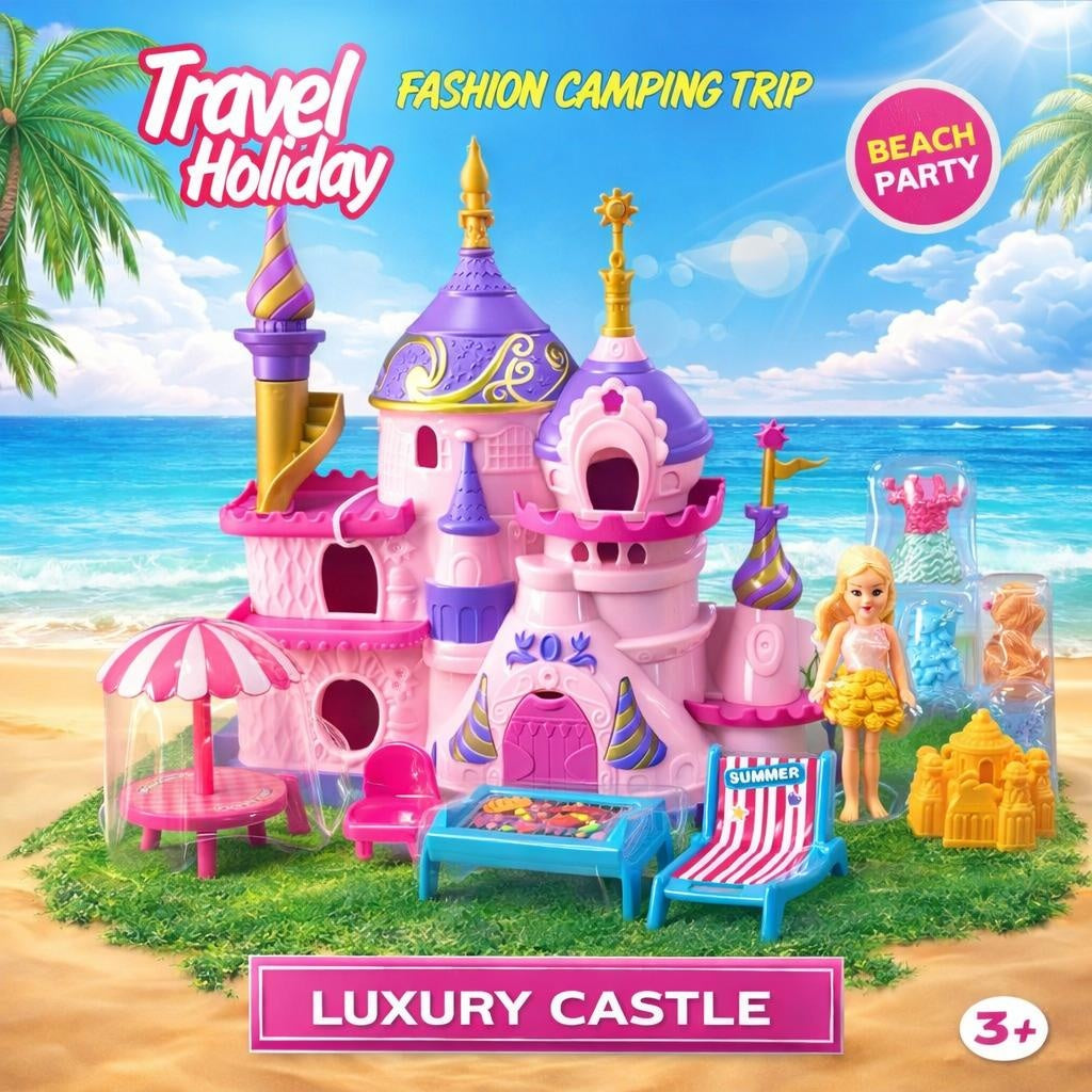 Jucarie castel pentru fete cu papusa si accesorii camping, haine incluse, 21 cm