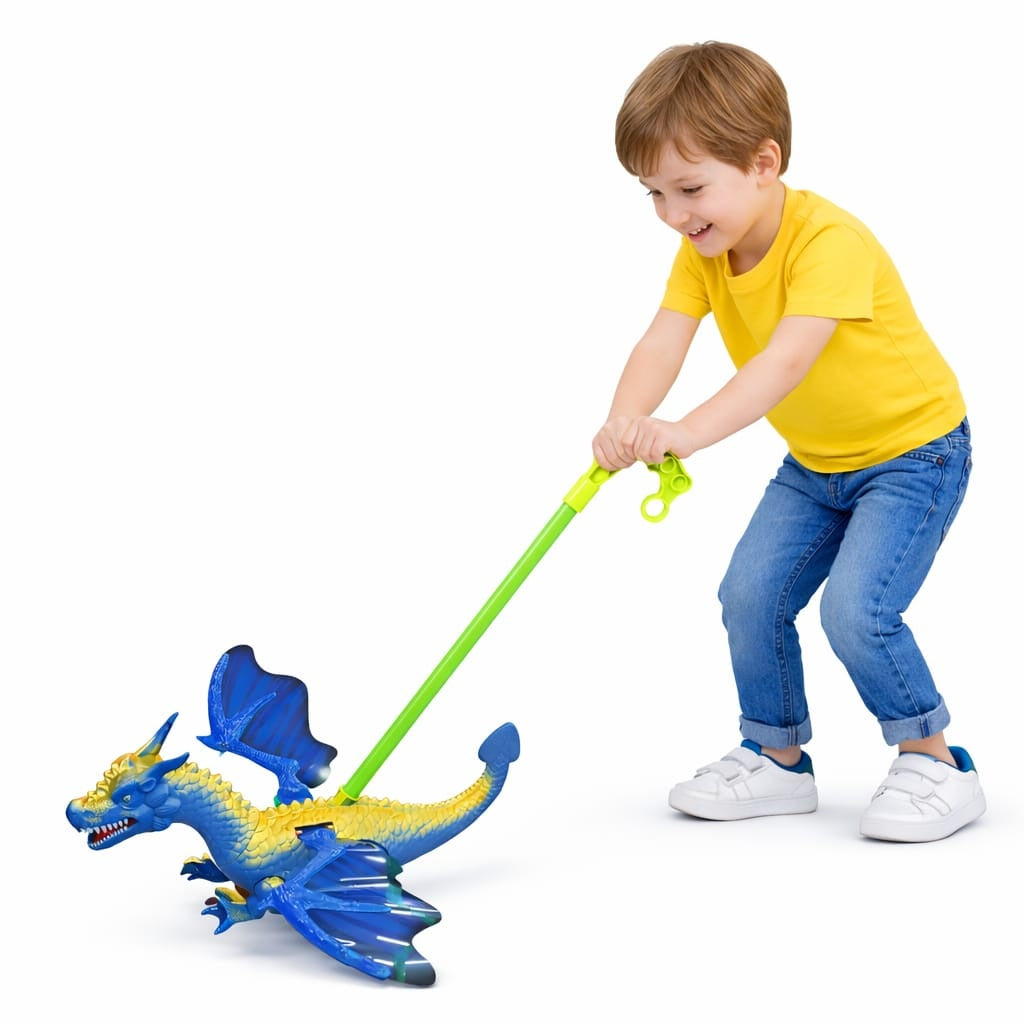 Jucarie de impins dragon albastru cu aripi si roti, model interactiv copii