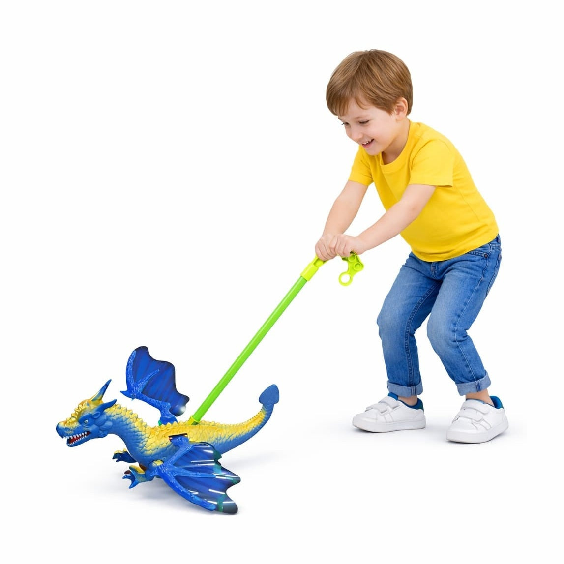 Jucarie de impins dragon albastru cu aripi si roti, model interactiv copii