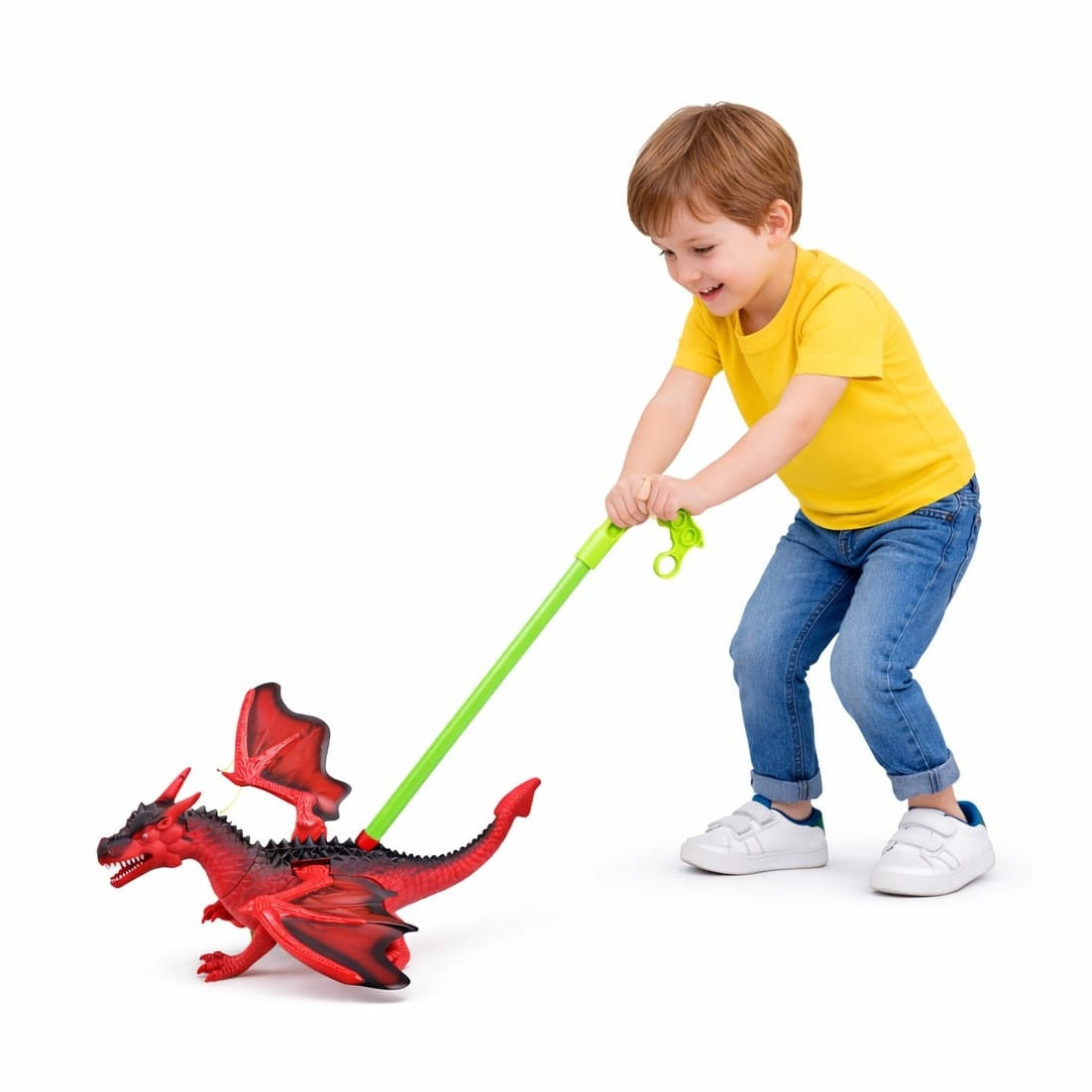 Jucarie de impins dragon rosu cu aripi si roti, model interactiv copii rosu
