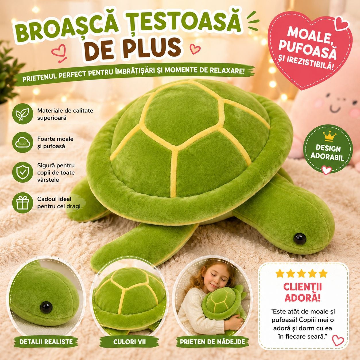 Jucărie de Plus Broască Țestoasă, 25cm Moale și Pufoasă pentru Copii