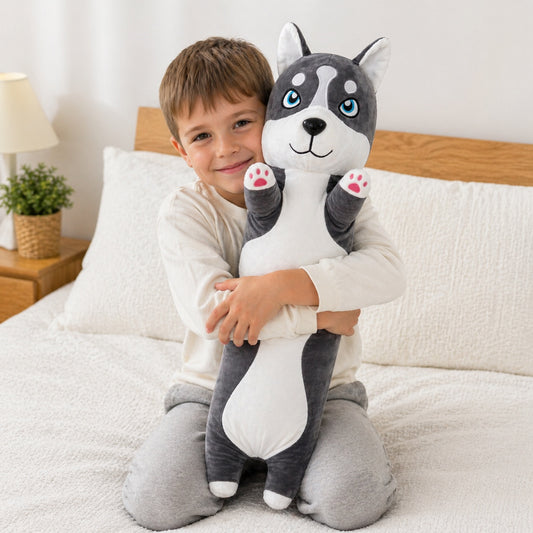 Jucărie de pluș câine Husky 65cm – pernă lungă moale, pluș mare pentru copii și decor