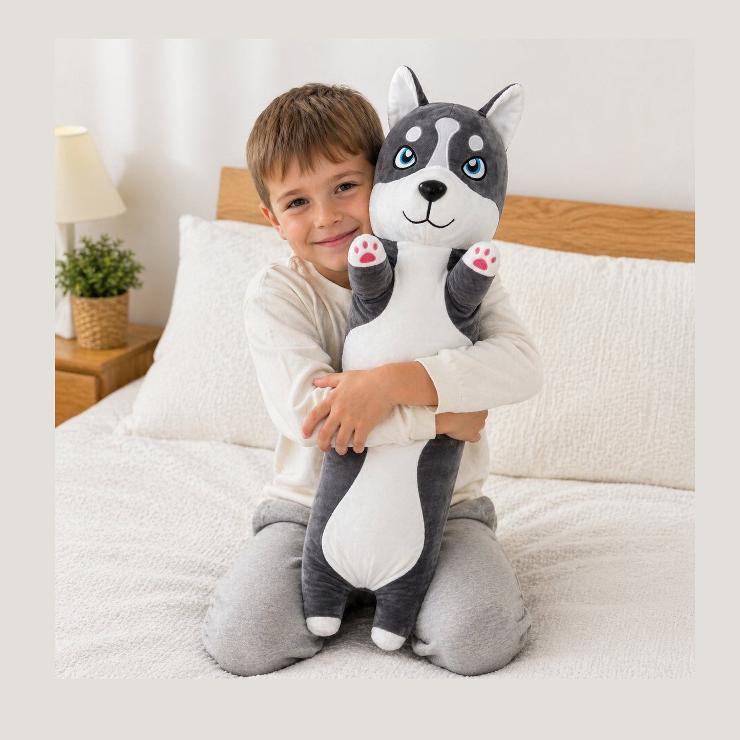 Jucărie de pluș câine Husky 65cm – pernă lungă moale, pluș mare pentru copii și decor