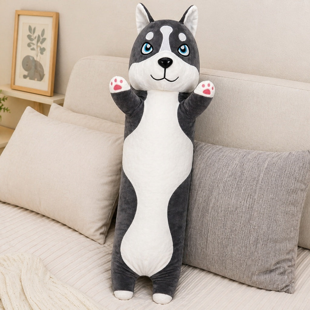 Jucărie de pluș cățel Husky 110 cm – pernă lungă, pluș moale