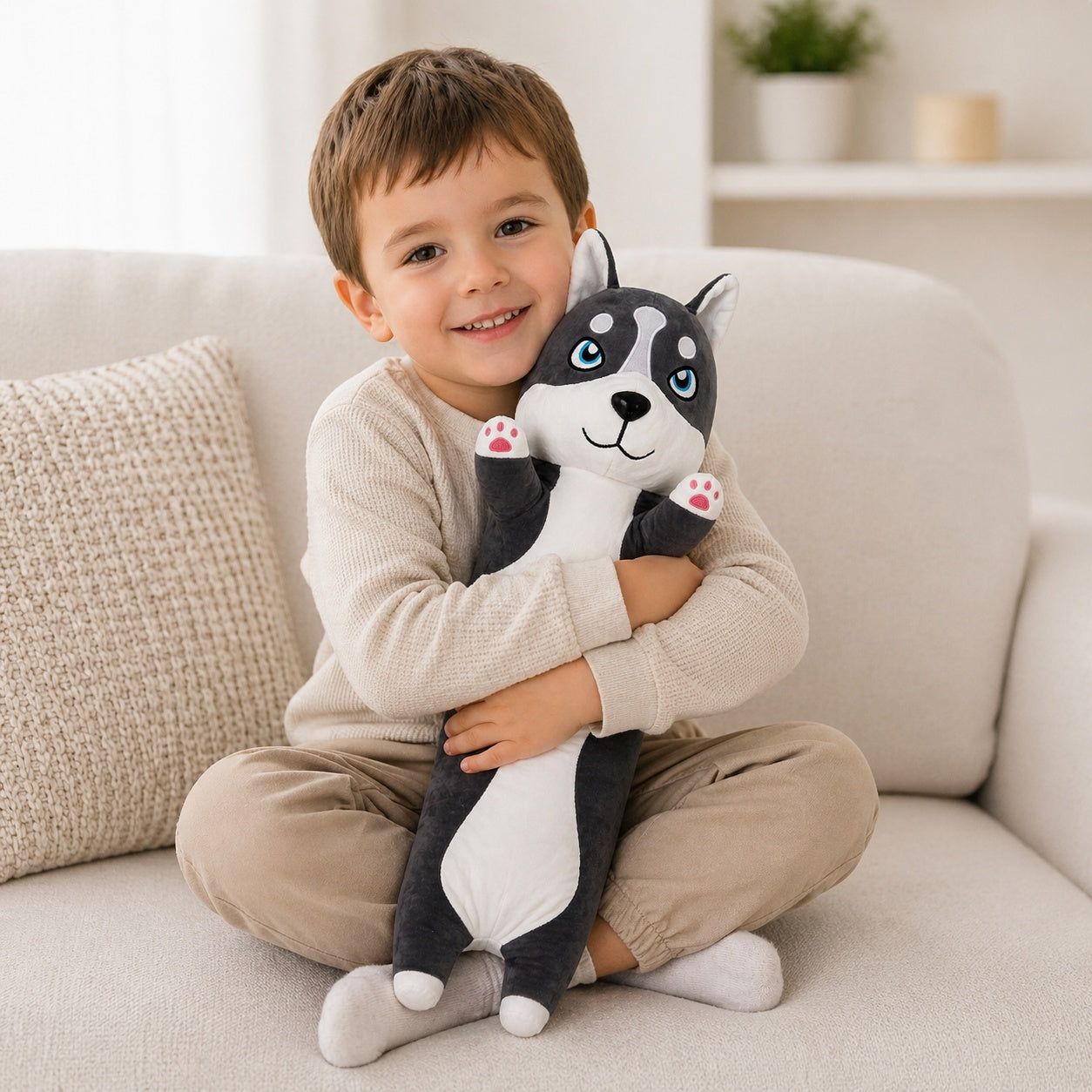 Jucărie de pluș cățel Husky 50 cm – pernă moale, adorabilă, pentru copii