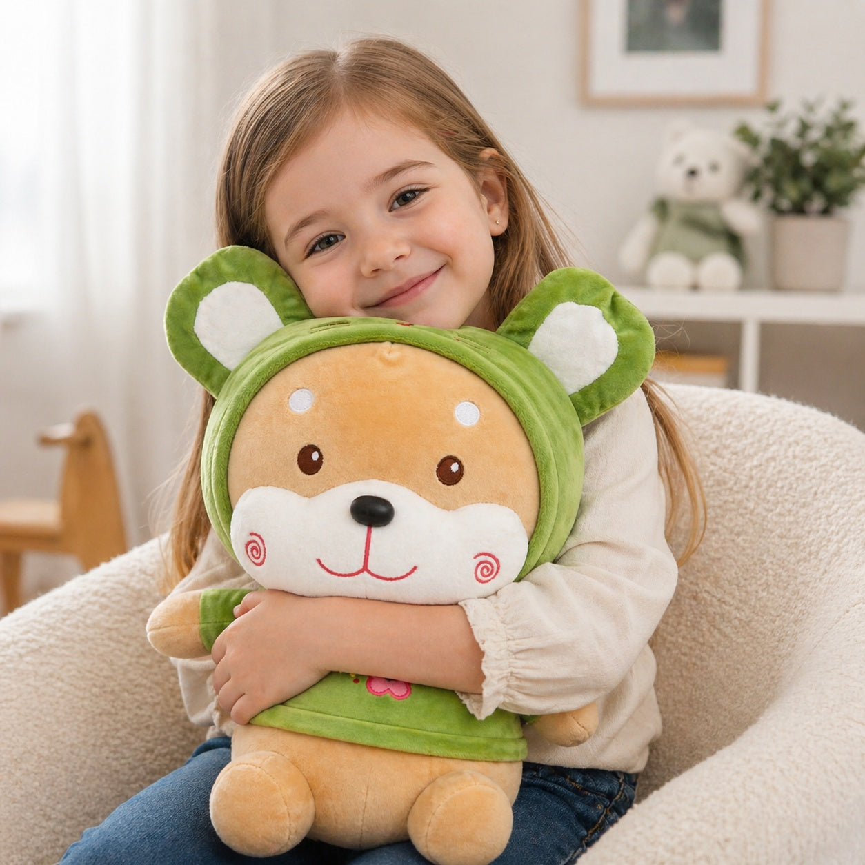 Jucărie de pluș cățeluș 45 cm – pluș moale, design adorabil cu hăinuță verde