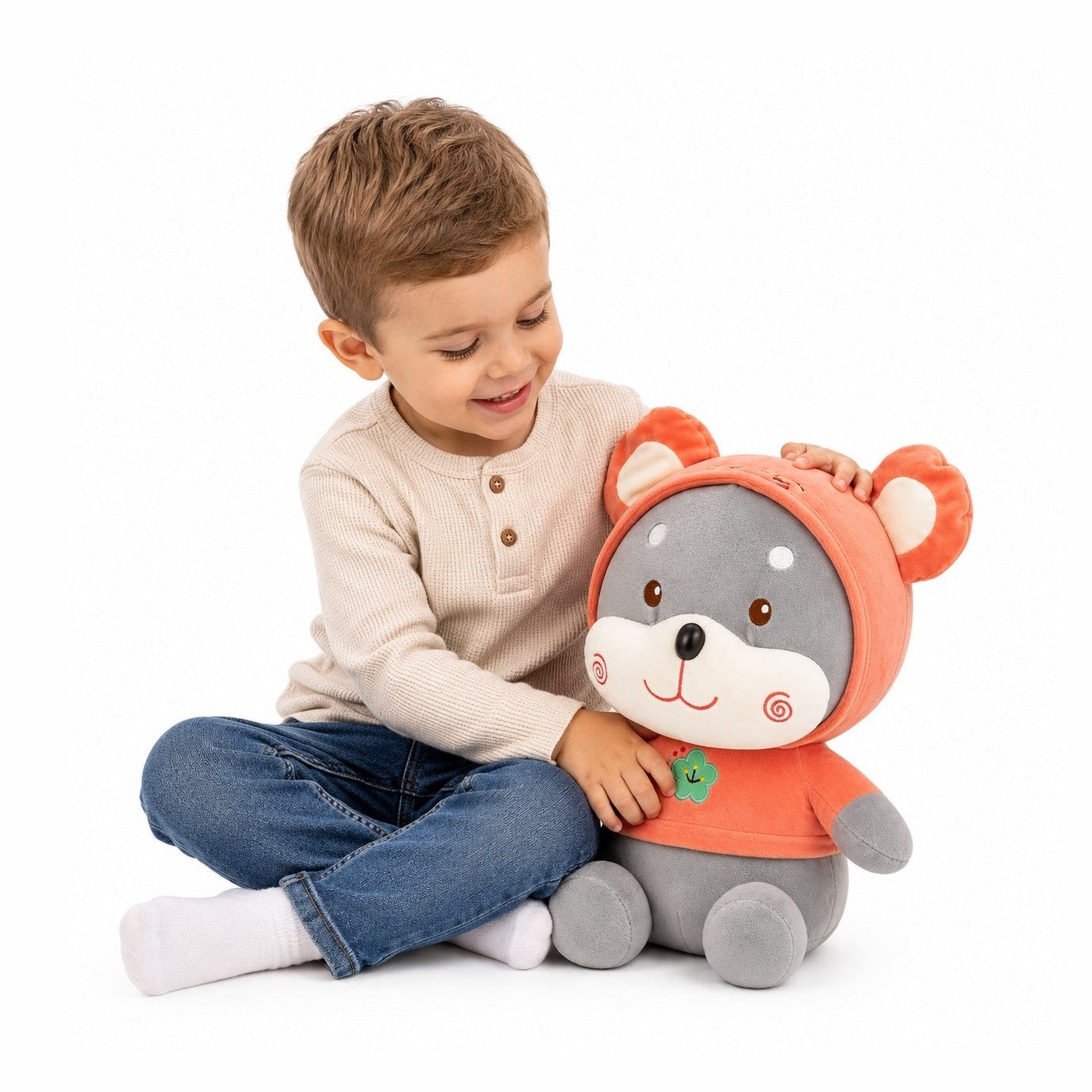 Jucarie de plus catelus 45 cm – plus moale, design adorabil cu hainuță roz