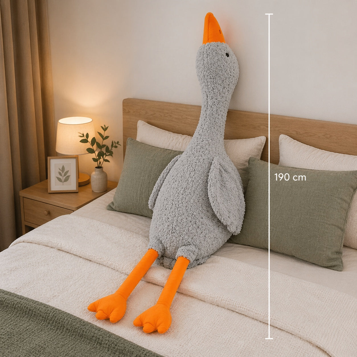 Jucărie de pluș gâscă gri 190 cm – pernă decorativă mare, moale și confortabilă