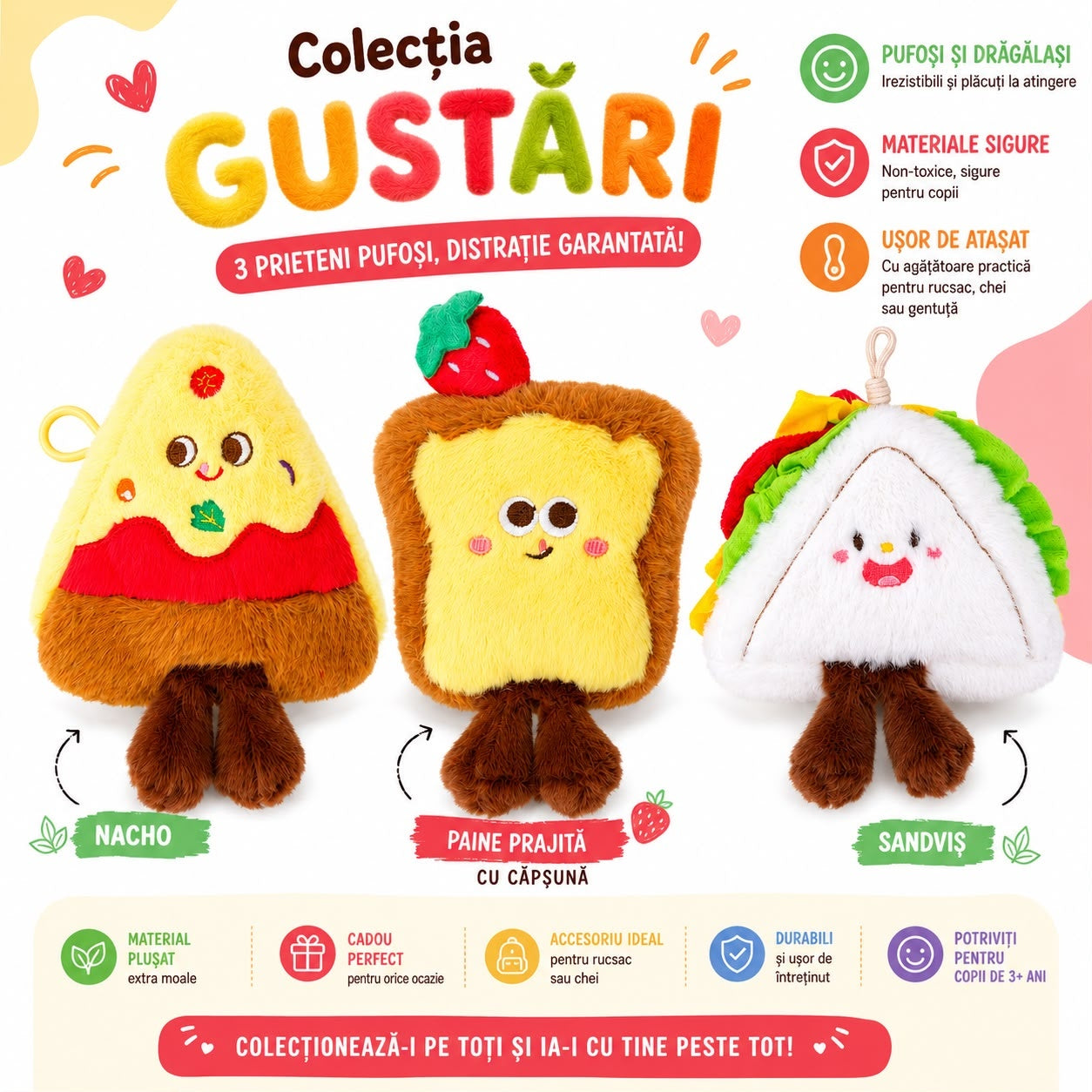 Jucărie de Pluș Gustări, 15cm, Model Aleatoriu – Nacho, Pâine Prăjită sau Sandviș, Moale cu Agățătoare, 3+ Ani