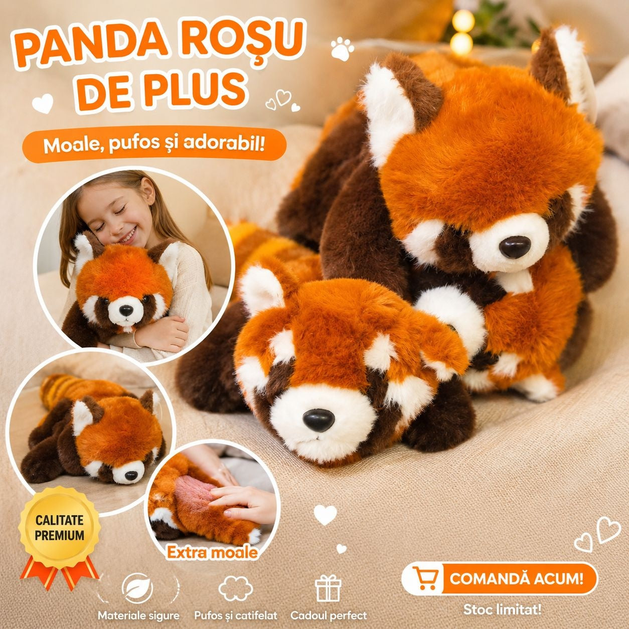 Jucărie de Plus Panda Rosu , 35cm Moale și Pufoasă pentru Copii Cadoul Perfect