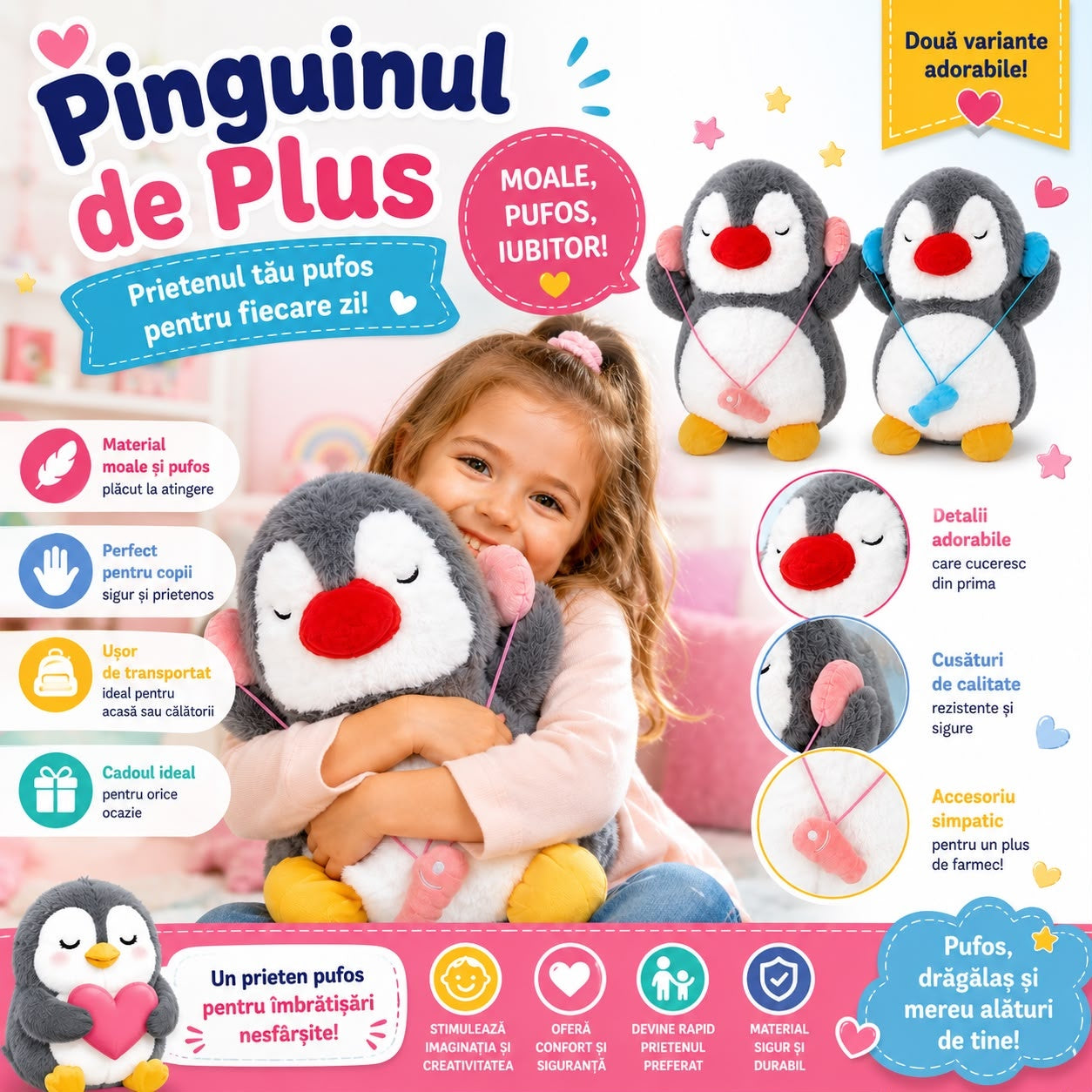 Jucărie de Plus Pinguin 50cm pentru Copii – Pluș Moale și Pufos, Culoare Aleatorie
