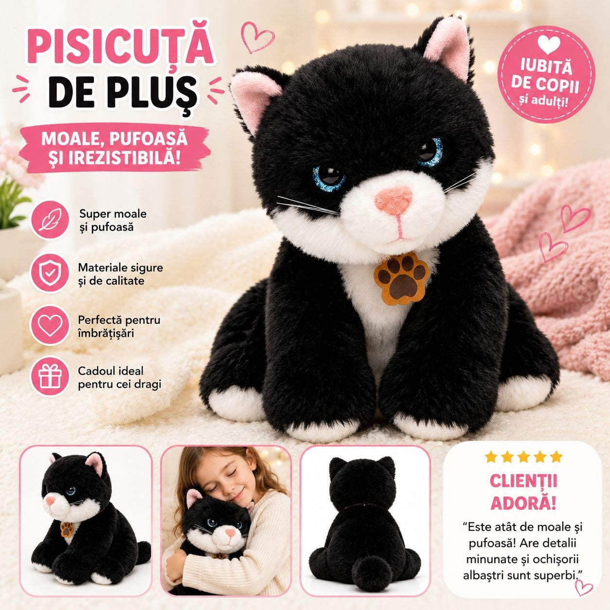 Jucărie de Plus Pisică, 25cm, Moale și Pufoasă pentru Copii, Culoare aleatorie