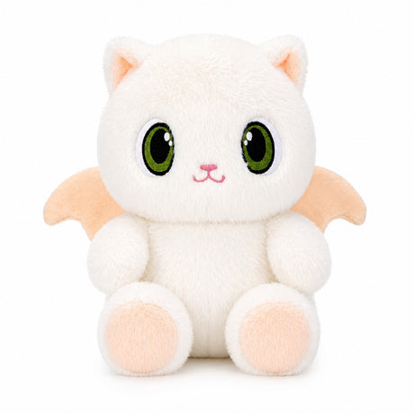 Jucărie de pluș pisică albă cu aripi de liliac, 20 cm – pluș moale, kawaii, cadou copii
