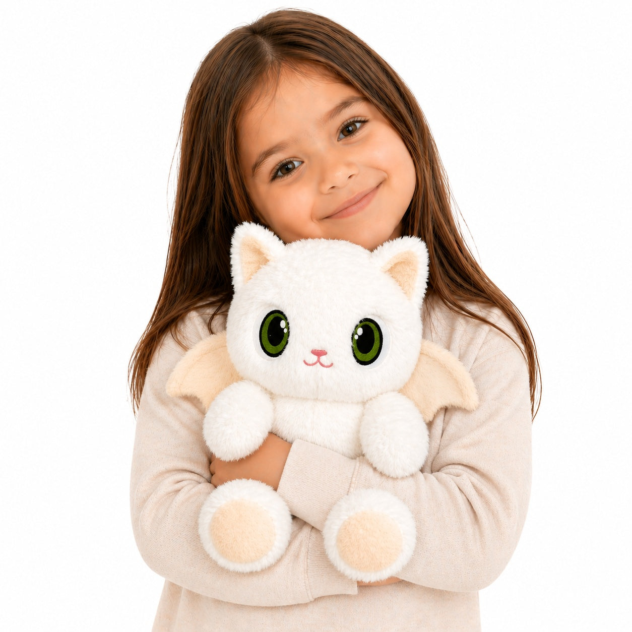 Jucărie de pluș pisică albă cu aripi de liliac, 20 cm – pluș moale, kawaii, cadou copii