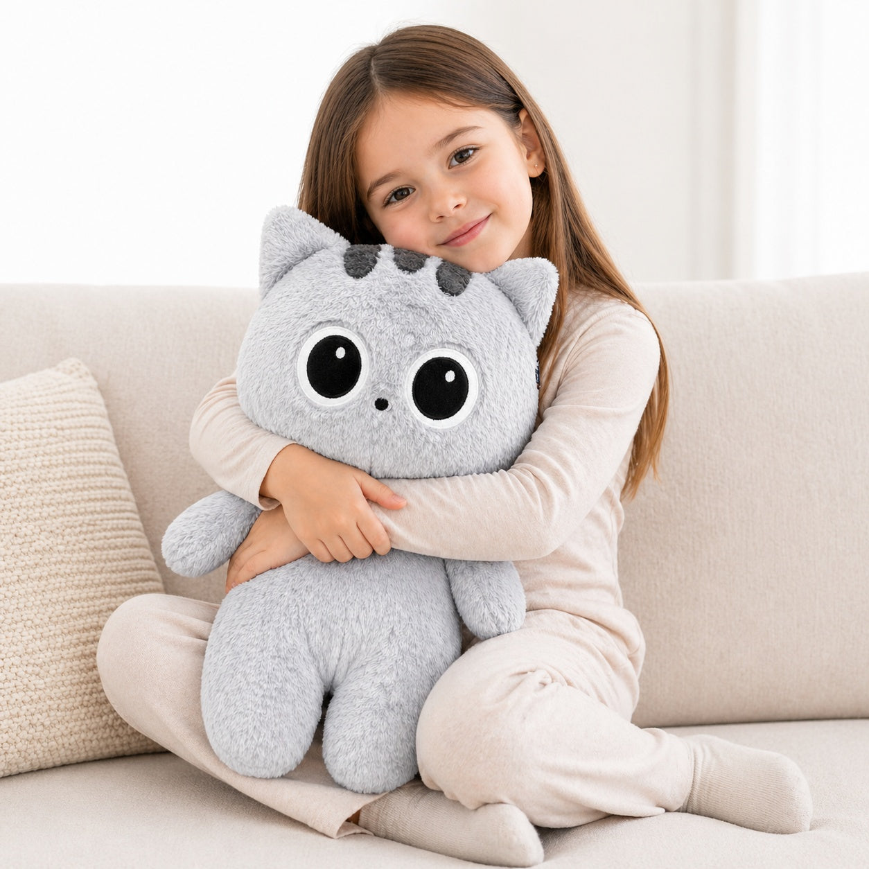 Jucărie de pluș pisică gri 80 cm – pluș moale, design adorabil cu ochi mari