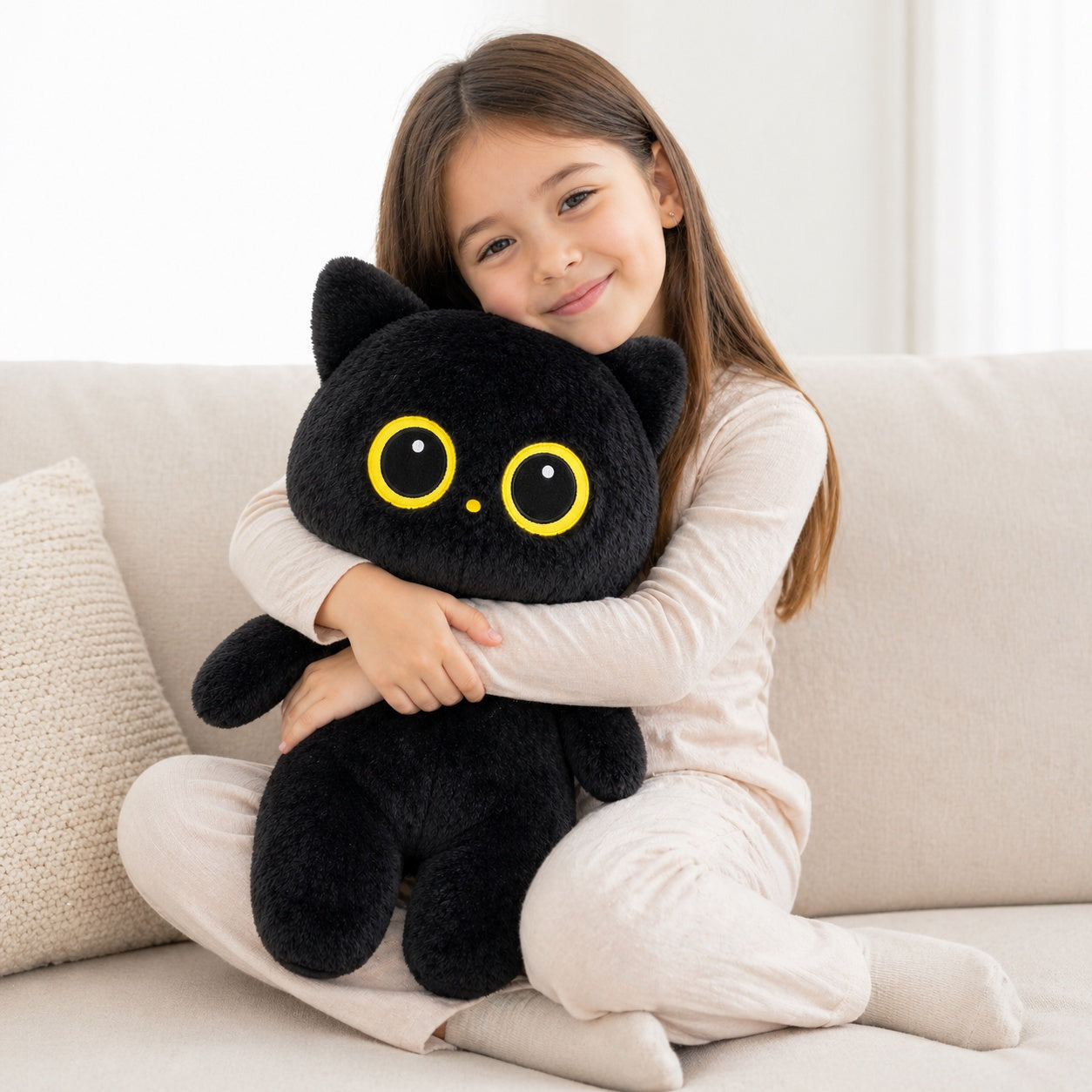 Jucărie de pluș pisică neagră 80 cm – pluș moale, ochi mari galbeni, design adorabil