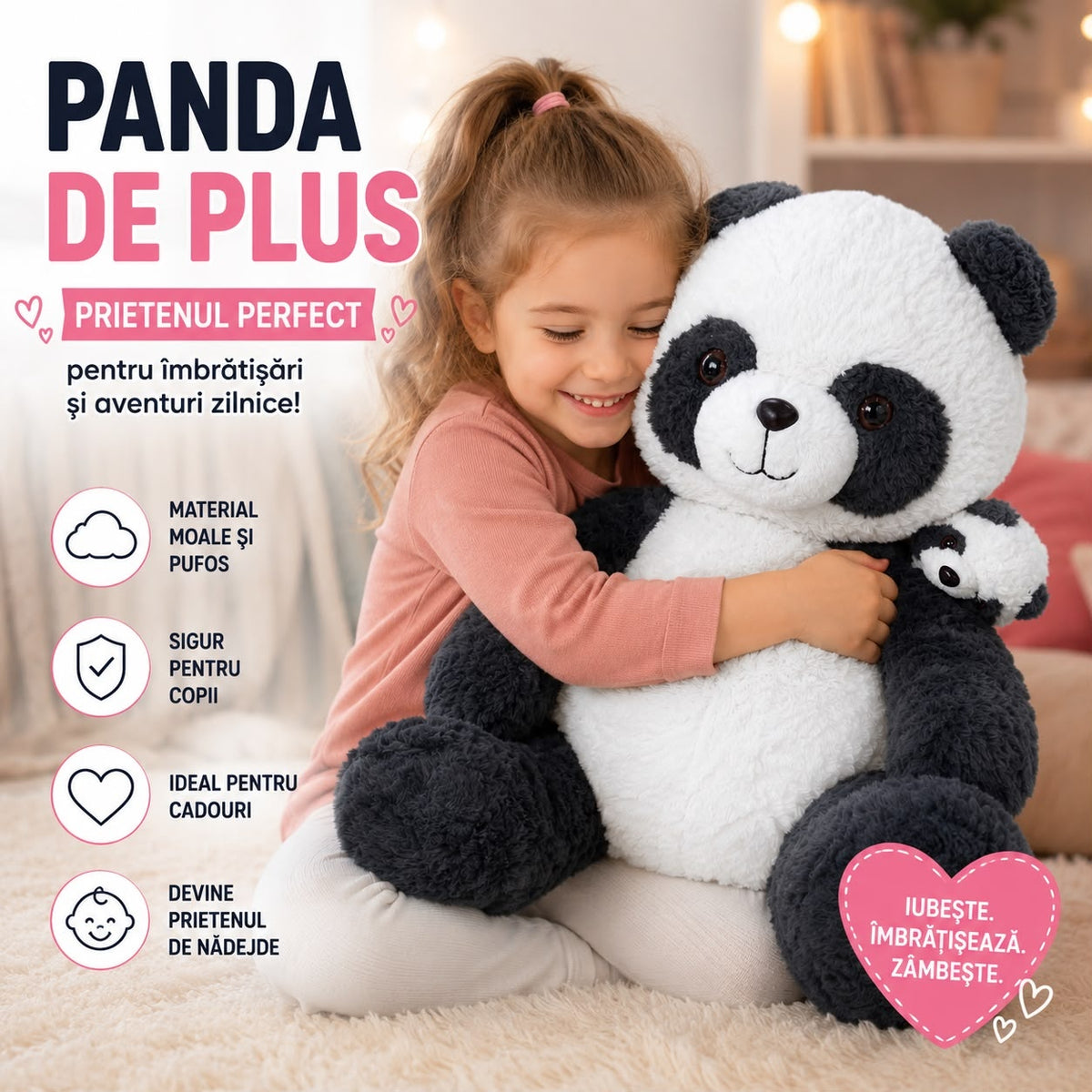 Jucărie de Plus Urs Panda 60 cm, Moale și Pufoasă, cu Pui Panda, Cadou pentru Copii și Bebeluși