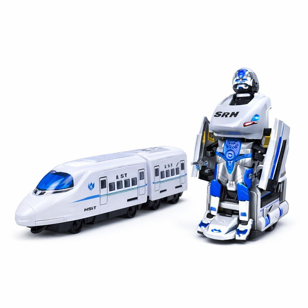 Jucarie dual mode tren care se transforma in robot, 24 cm cu lumini, sunete si bump and go