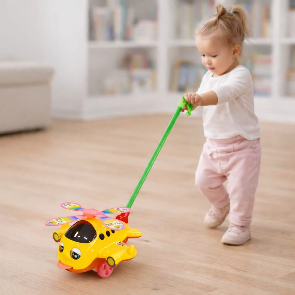 Jucarie impins elicopter copii cu maner, elice rotativa si design colorat