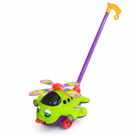 Jucarie impins elicopter copii cu maner, elice rotativa si design colorat verde