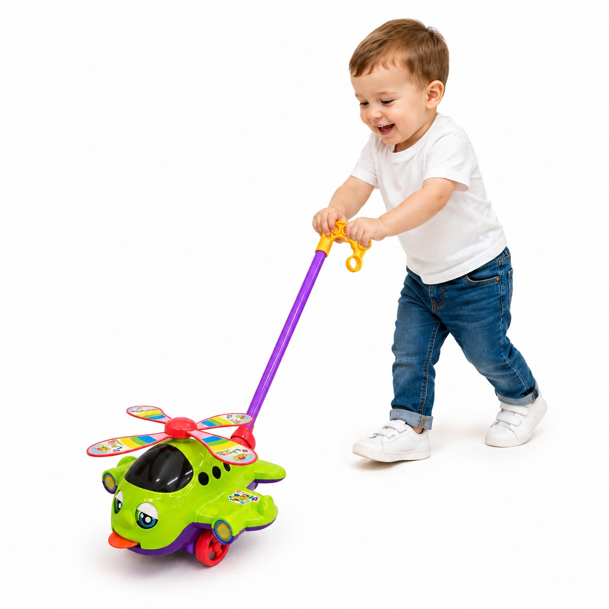 Jucarie impins elicopter copii cu maner, elice rotativa si design colorat verde