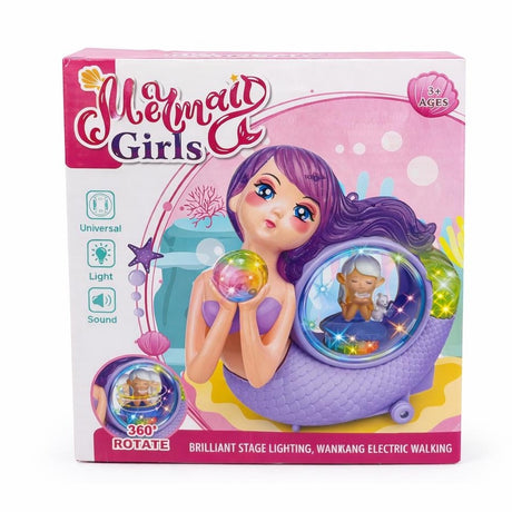 Jucarie interactiva sirena roz cu lumini si sunete, minge cristal rotativa 360°, 20 cm