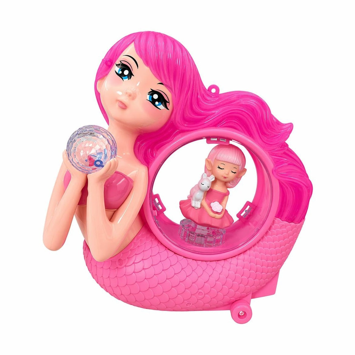 Jucarie interactiva sirena roz cu lumini si sunete, minge cristal rotativa 360°, 20 cm