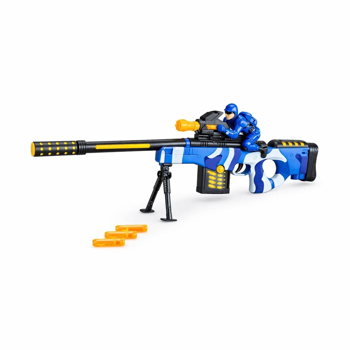 Jucarie pusca electrica pentru copii cu lumini, sunete si vibratii, 63.5 cm, model albastru