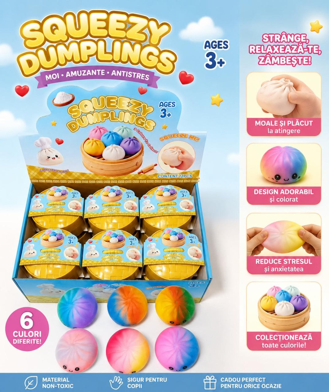 Jucarie Squishy Antistres Dumplings / Galusca, 8.5 cm, Moale si Elastica, Copii 3+, Multicolor