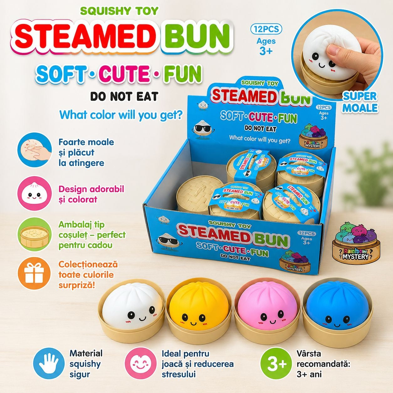Jucarie Squishy Antistres Dumplings / Galusca in Cosulet, 8.5 cm, Culoare Surpriza, 3+ ani
