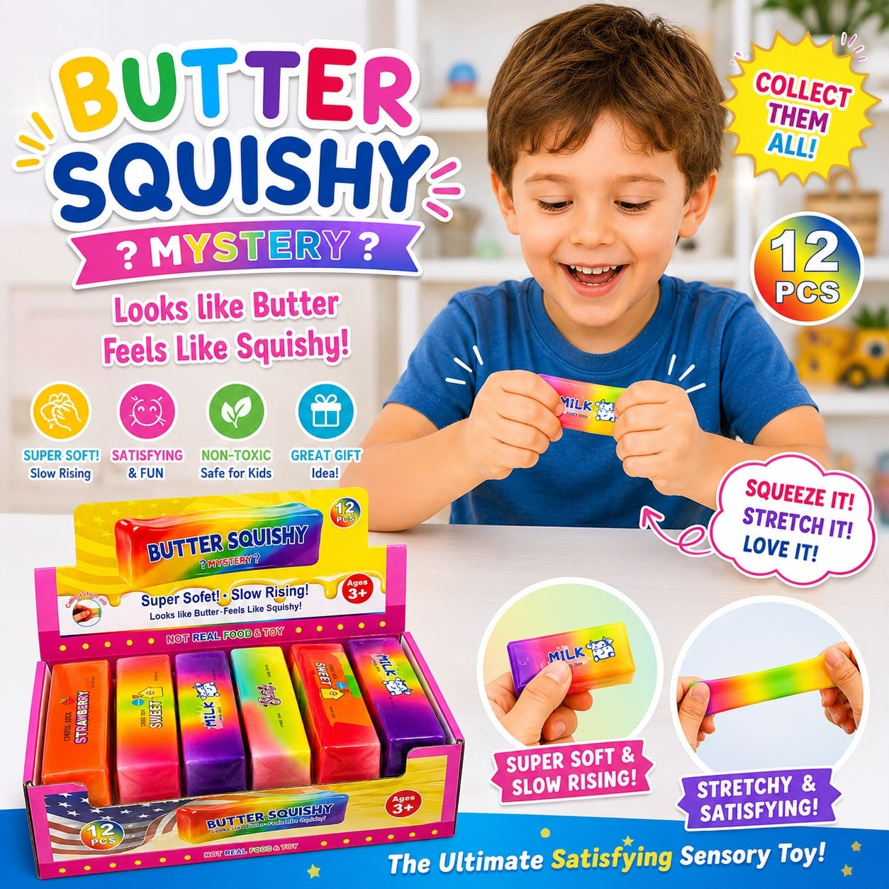 Jucărie Squishy Butter Multicolor 13 cm, Antistres Elastic, Model Aleatoriu