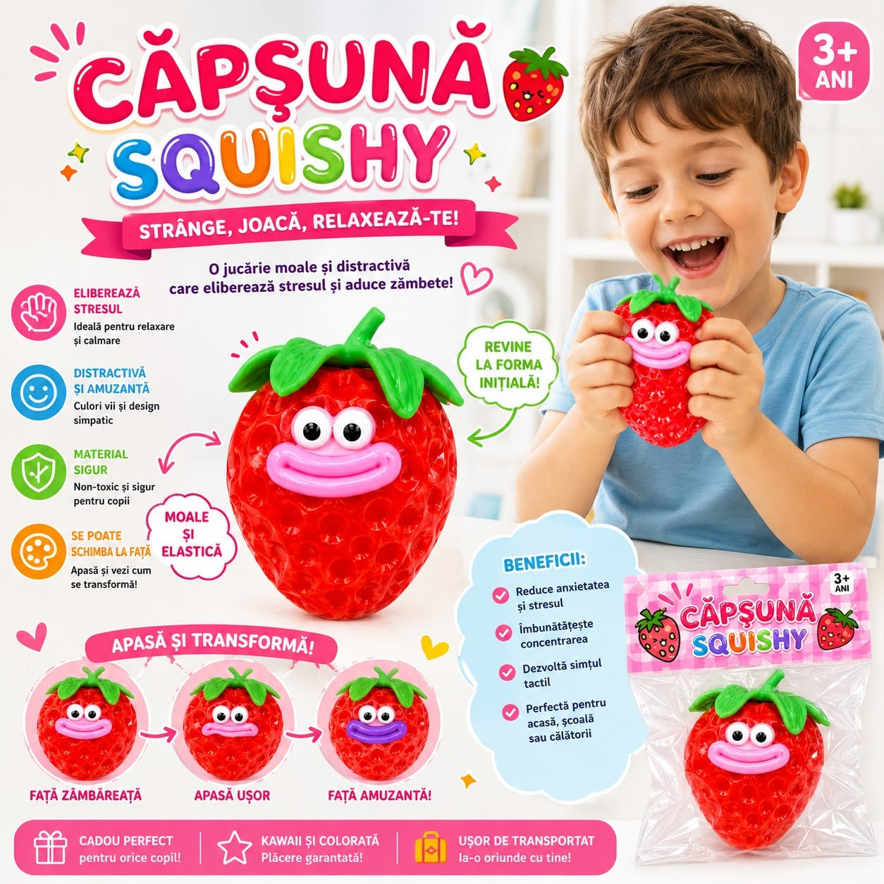 Jucărie Squishy Căpșună cu Față Veselă 9 cm – Antistres, Moale și Elastică pentru Copii